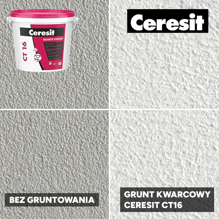 Porównanie struktury tynku na ścianie przed i po zastosowaniu gruntu kwarcowego Ceresit CT16