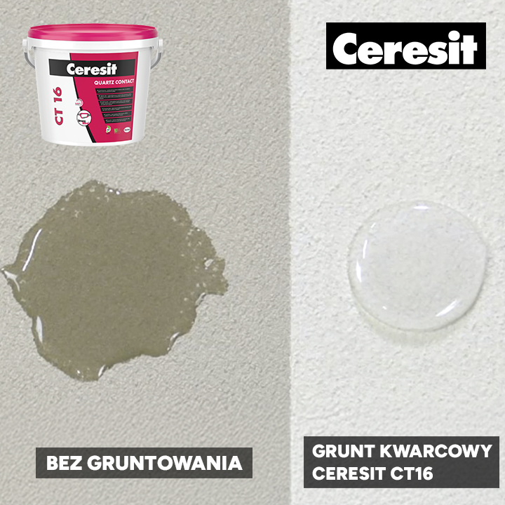 Porównanie efektu powierzchni bez gruntowania oraz po zastosowaniu gruntu kwarcowego Ceresit CT16