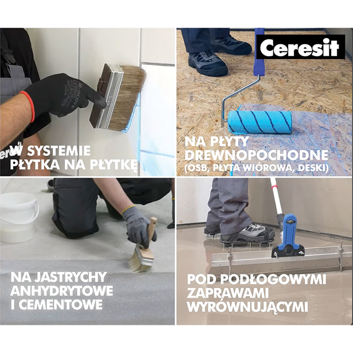 Szczotka równomiernie rozprowadza grunt Ceresit CN94 na jastrychu przed położeniem nowej podłogi