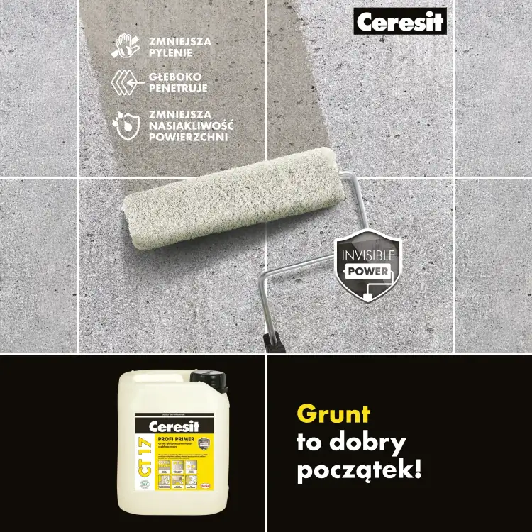 Na zdjęciu widoczny jest pojemnik Ceresit CT17 ustawiony na tle szarej powierzchni z wałkiem malarskim