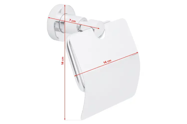 Chromowany uchwyt Tesa LOXX z klapką prezentuje minimalistyczny design i wymiary na białym tle