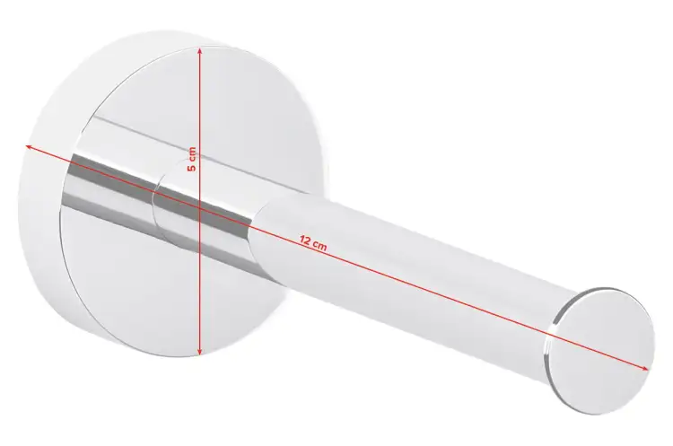 Chromowany uchwyt Tesa do papieru toaletowego prezentuje minimalistyczny design z wyraźnie zaznaczonymi wymiarami