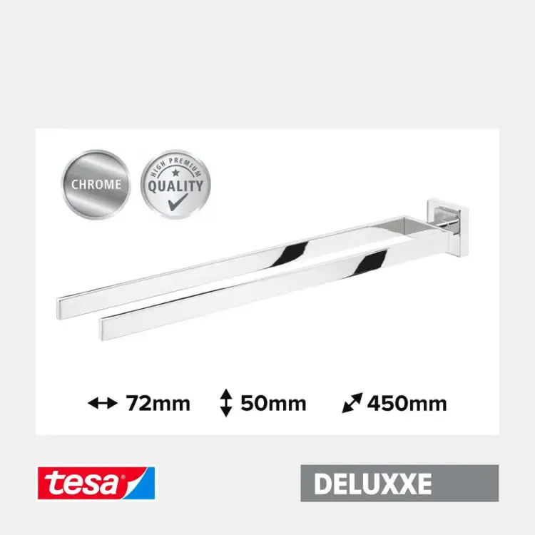 Podwójne ramię metalowego uchwytu Tesa DELUXXE prezentuje minimalistyczny design do nowoczesnej łazienki