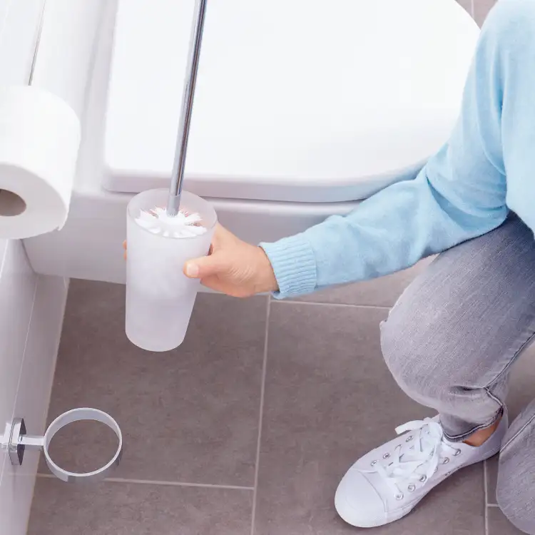 Osoba czyści toaletę przy użyciu metalowej szczotki WC Tesa ELEGAANT w nowoczesnej łazience