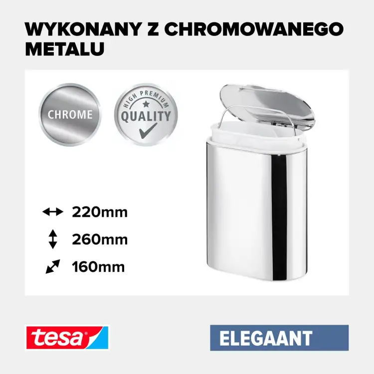 Chromowany kosz Tesa z uchylną pokrywą prezentuje połyskliwą powierzchnię i kompaktowe wymiary do łazienki