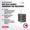 Na zdjęciu metalowy wieszak Tesa Elegaant z trzema ciemnymi ręcznikami zawieszonymi na ścianie łazienki