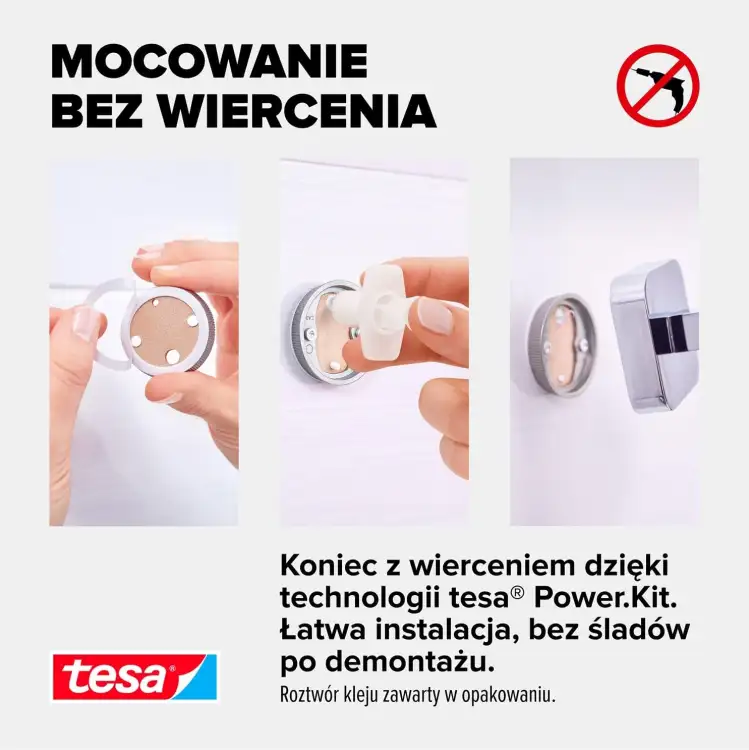 Samoprzylepny uchwyt łazienkowy Tesa ELEGAANT z chromowanego metalu prezentowany na jasnym tle