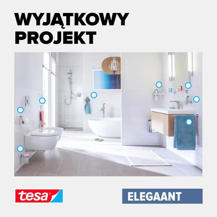 Nowoczesna łazienka z zamontowanym uchwytem Tesa ELEGAANT na ręcznik przy umywalce