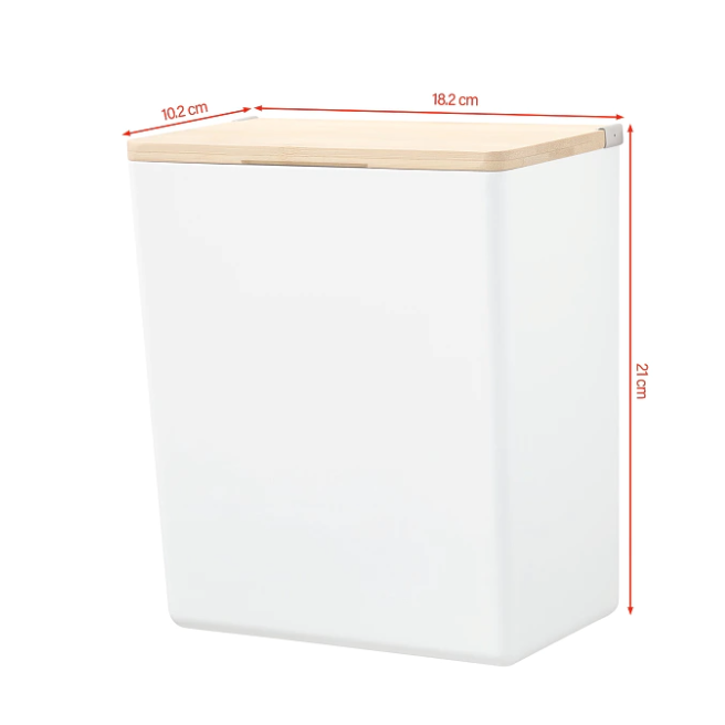 Biały organizer Tesa z drewnianą pokrywką prezentuje minimalistyczny design do przechowywania w łazience