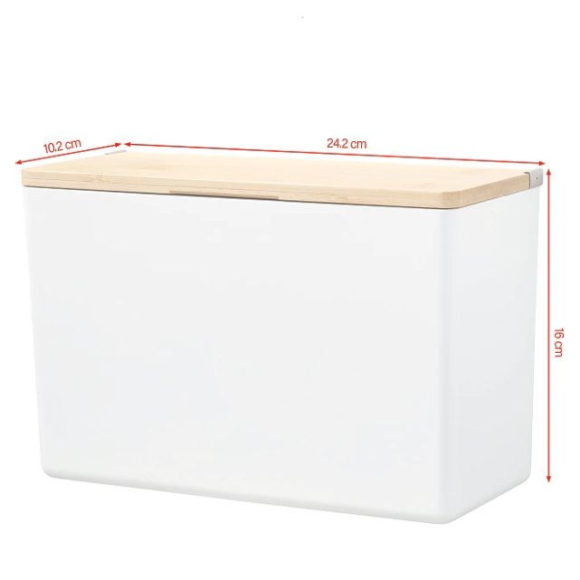 Biały organizer Tesa z drewnianą pokrywką prezentuje minimalistyczny design do przechowywania w łazience