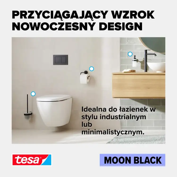Czarny uchwyt Tesa MOON BLACK zamontowany obok toalety w nowoczesnej, jasnej łazience