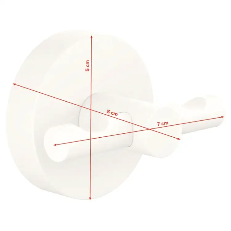Biały wieszak Tesa z podwójnym ramieniem prezentuje minimalistyczny design i wymiary na tle białego tła