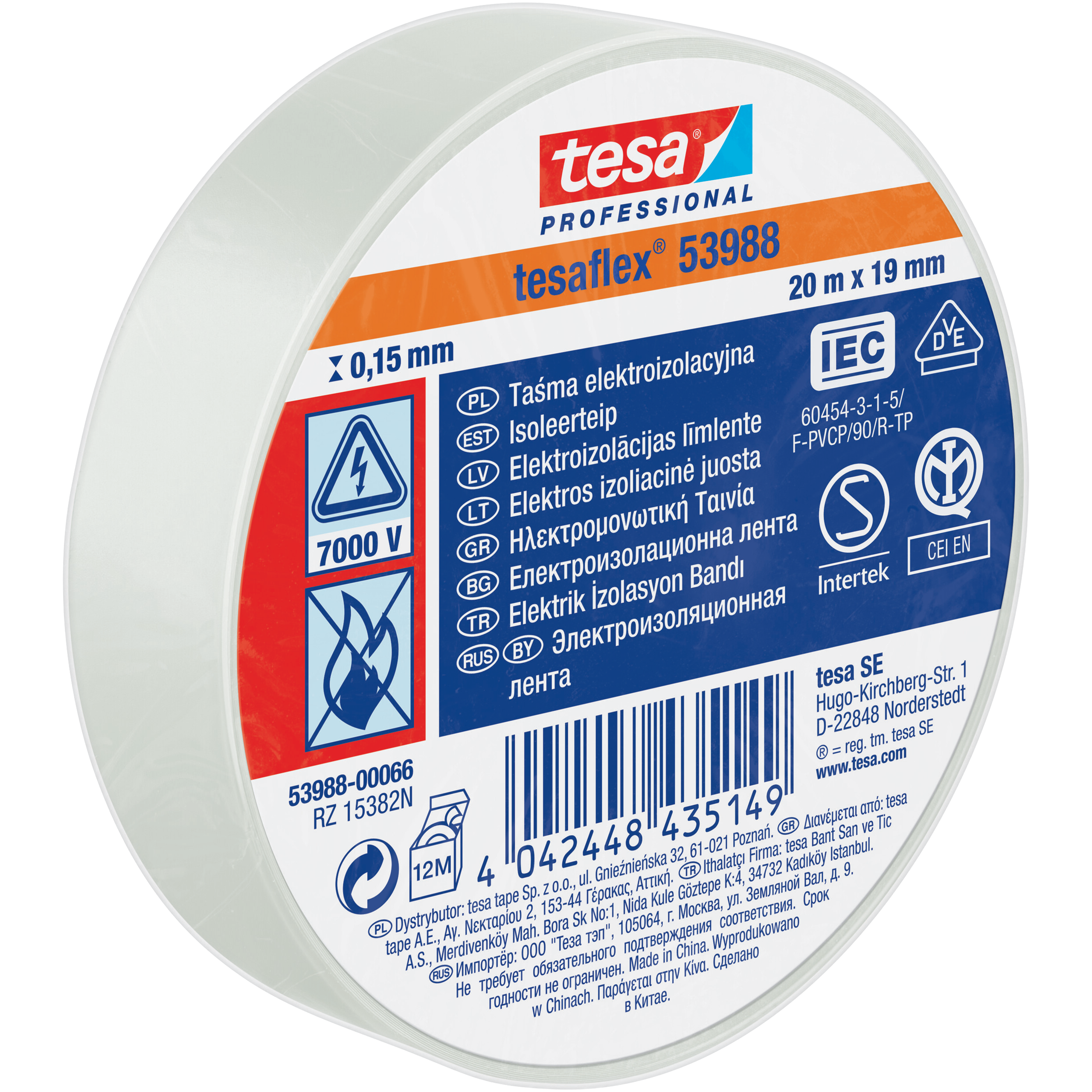 Taśma Izolacyjna PCV Tesa Mocna Samoprzylepna Izolacja 19mm x 20m Biała